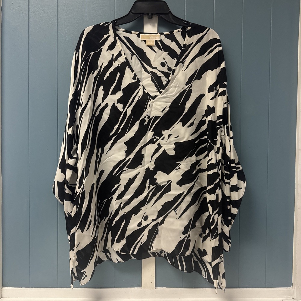 MICHAEL MICHAEL KORS Silk Black White‎ Print Semi-sheer Top Size L